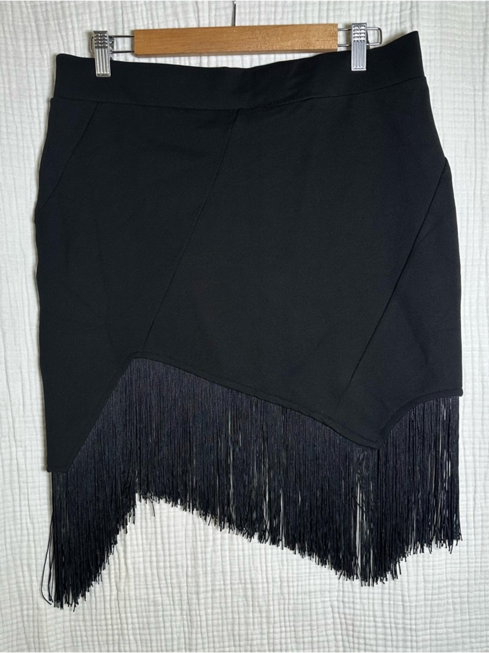Black Asymmetric Tassel Fringe Hem Bodycon Mini SKIRT-3X ??-Stretch-Party Chic